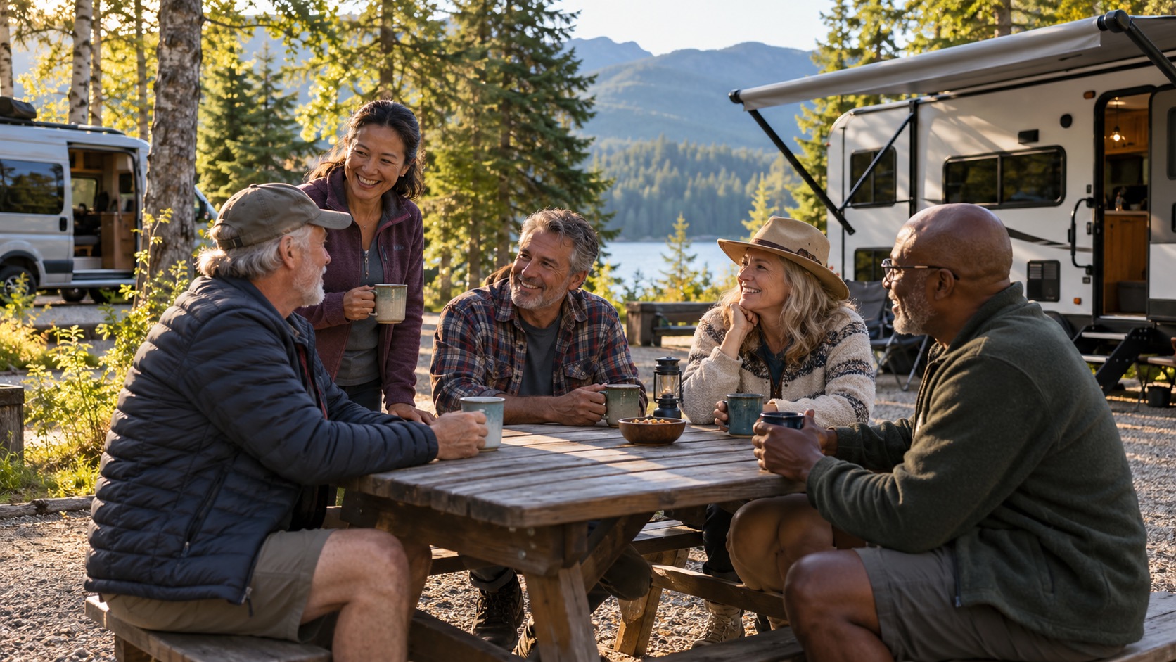 Illustrative RV campers talking together at a picnic table