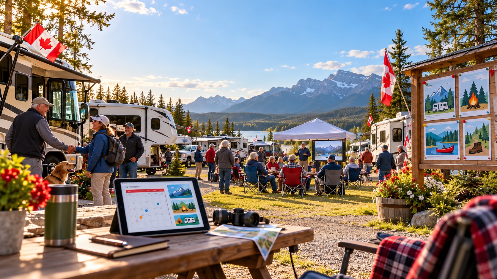 Illustrative Canadian RV rally with a gathering, presentation and event notices